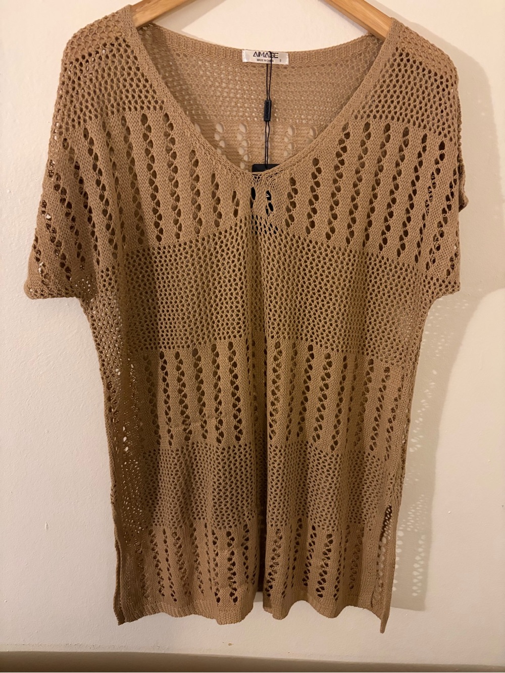 Muse Crochet Short-Sleeve Swim Coverup in Tan